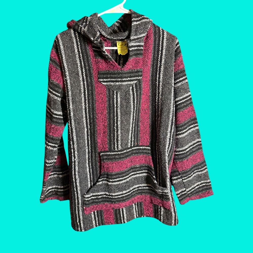 Franks Textiles Mexican Baja Hoodie Pink Grey Striped Pullover‎ Drug Rug Mens L